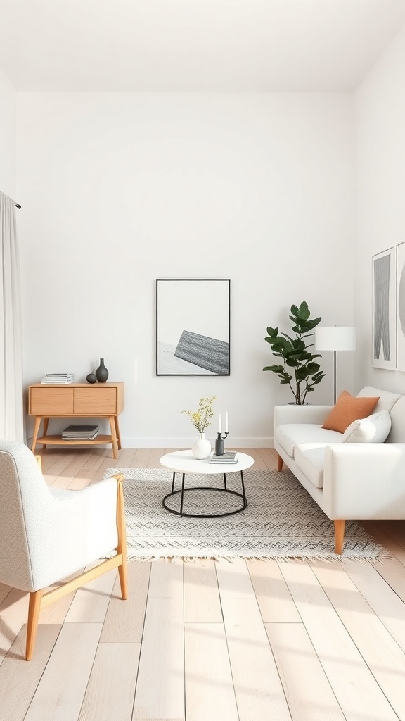 A minimalist Scandinavian living room featuring simple furniture and a light color palette.