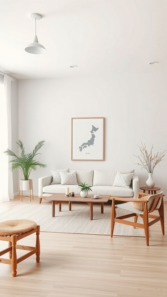 A minimalist Japandi-style living room featuring a light sofa, wooden furniture, and simple decor.