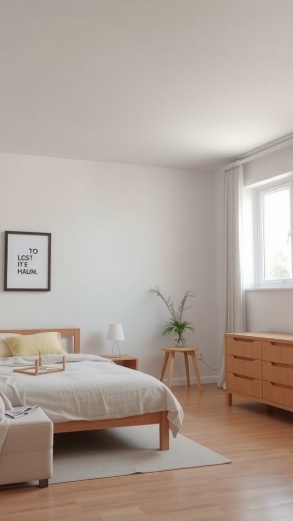 A minimalist bedroom featuring wooden furniture, soft linens, and natural light.