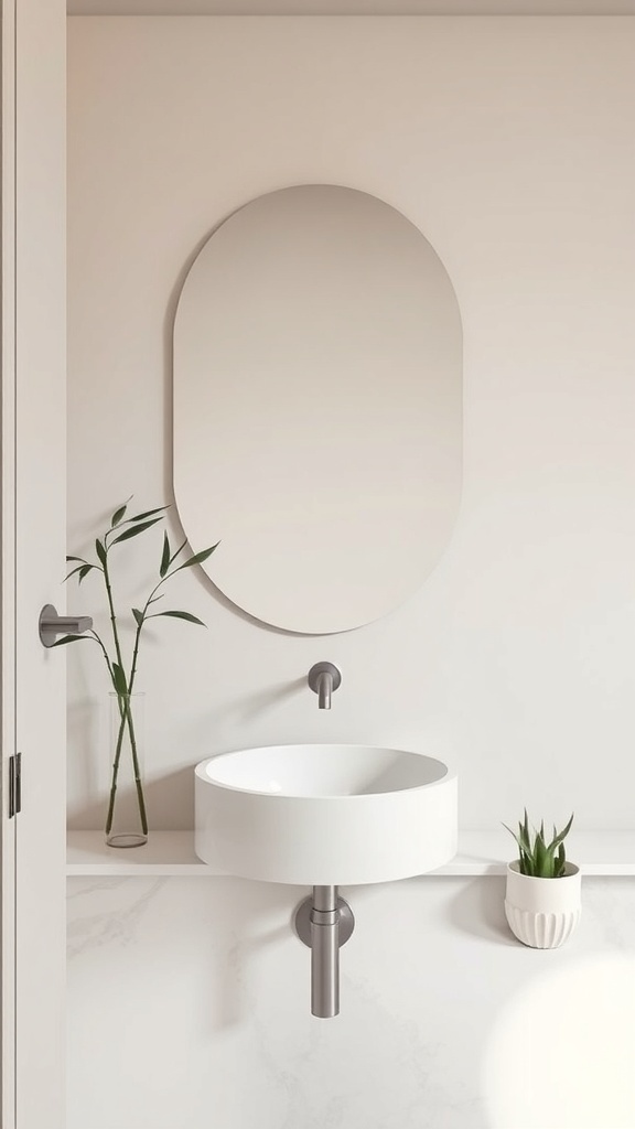 A minimalist bathroom sink with a round white basin, oval mirror, and plants for a zen vibe.