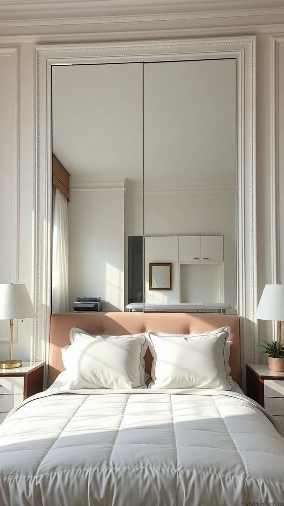 A stylish bedroom with mirrored accent panels above the bed, showcasing a cozy bed and decorative elements.
