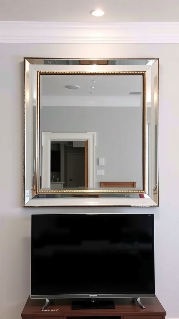 A stylish mirrored wall above a TV, showcasing elegance and space enhancement.