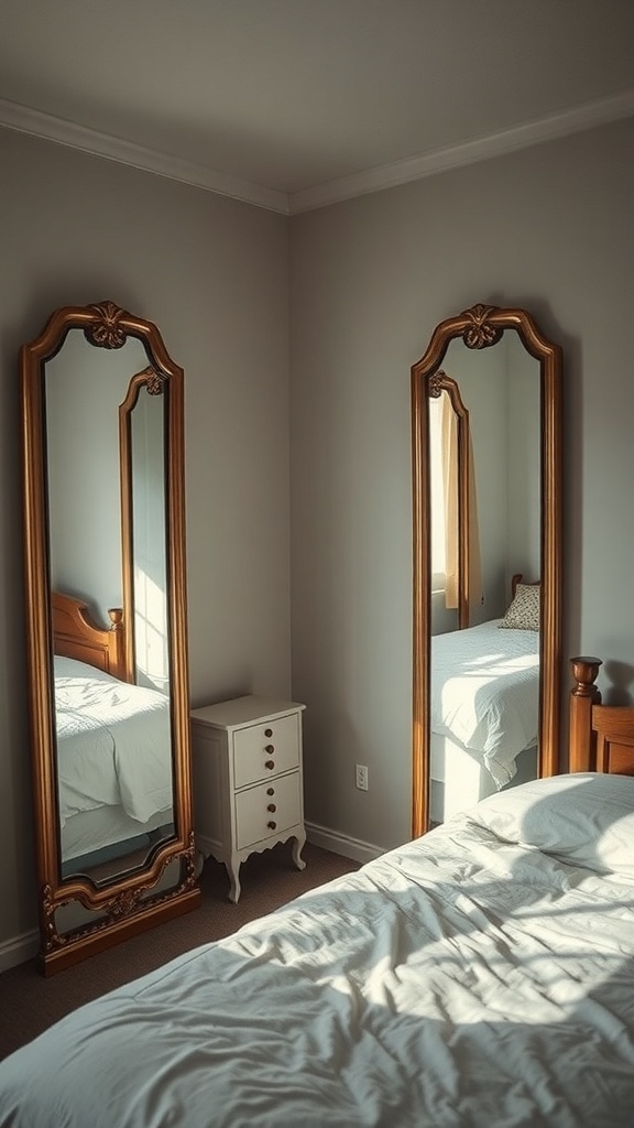 A small bedroom with two tall mirrors and a white nightstand.