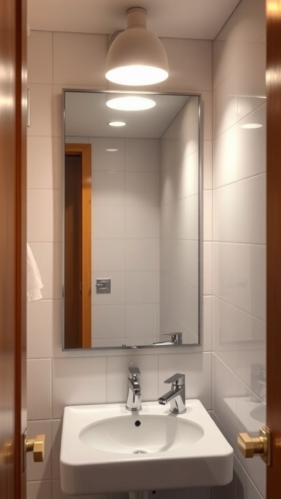 A small bathroom with a modern mirror above a sink, featuring bright lighting and clean tiles.