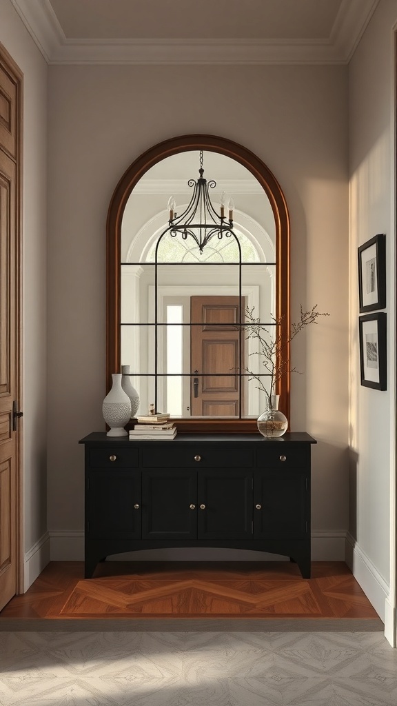 A stylish entry foyer featuring a large arched mirror above a black console table with decorative items.