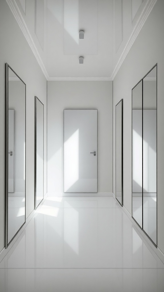 A hallway with tall mirrors on both sides, reflecting light and creating an illusion of space.