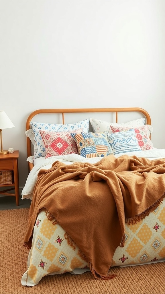 A cozy bed with colorful patterned pillows and a warm throw blanket.