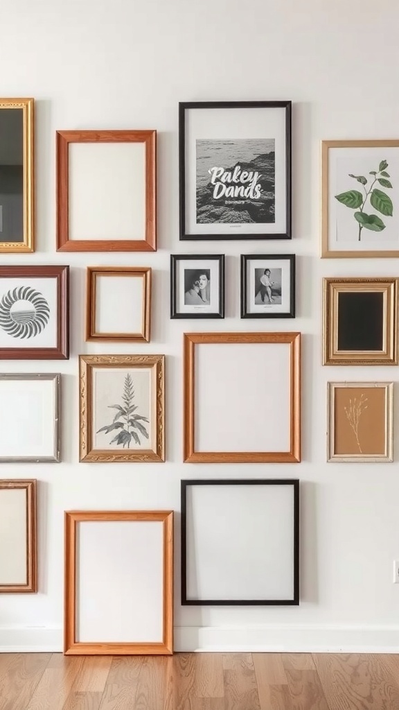 A gallery wall with a variety of frame styles and materials.