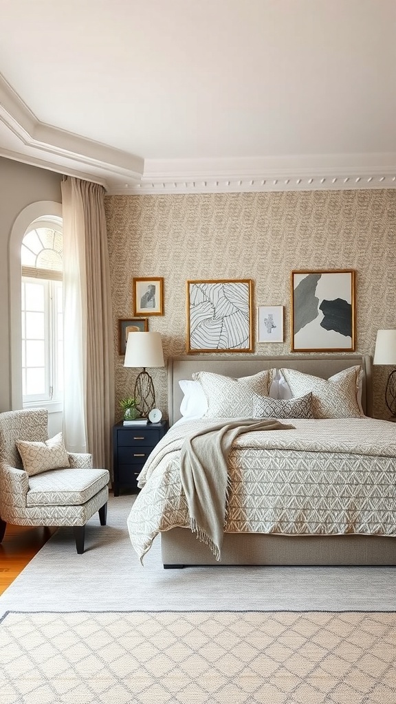 A cozy neutral bedroom featuring mixed patterns in soft shades.