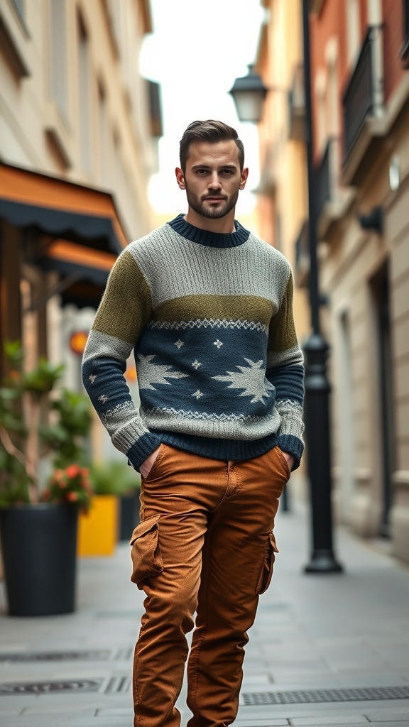 A man in a textured knit sweater and cargo pants, standing in a city street.