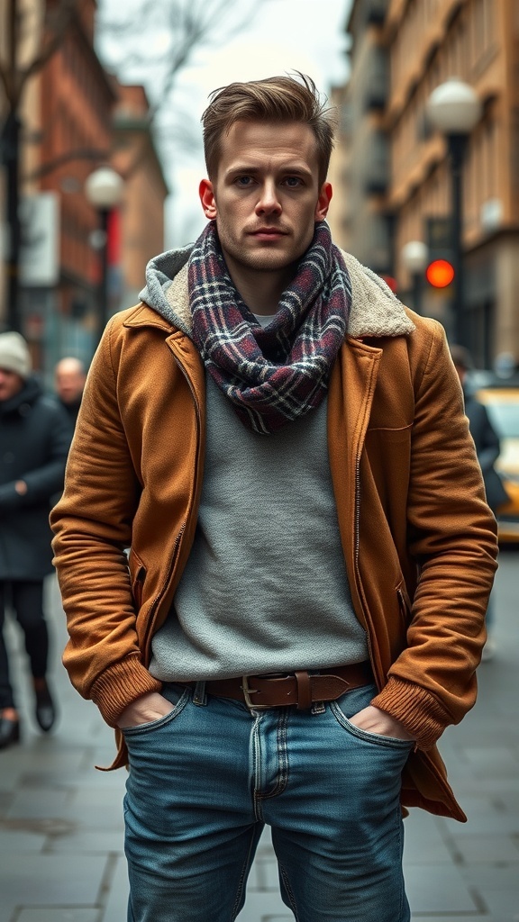 A man in a brown jacket with a fuzzy collar, gray sweater, plaid scarf, and denim jeans, standing on a city street.