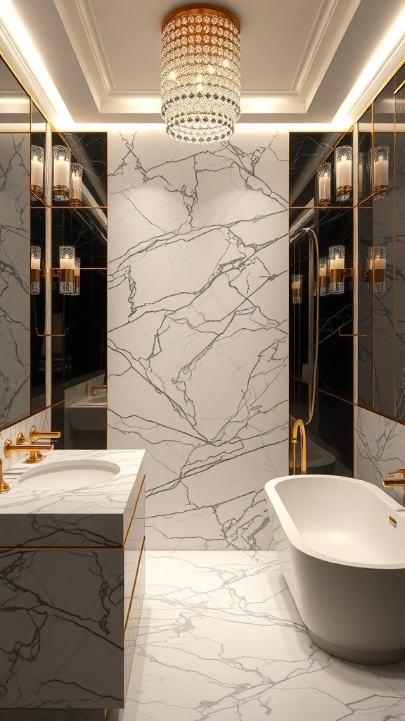 A modern glam bathroom featuring marble walls, gold fixtures, and a freestanding tub.