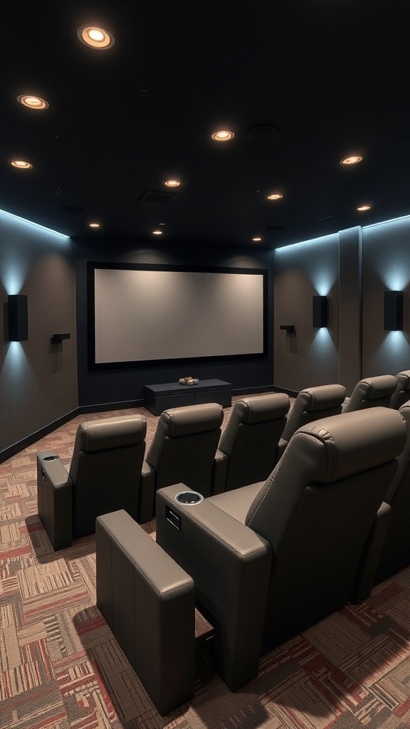 A modern home theater featuring plush seating, a large screen, and soft lighting.