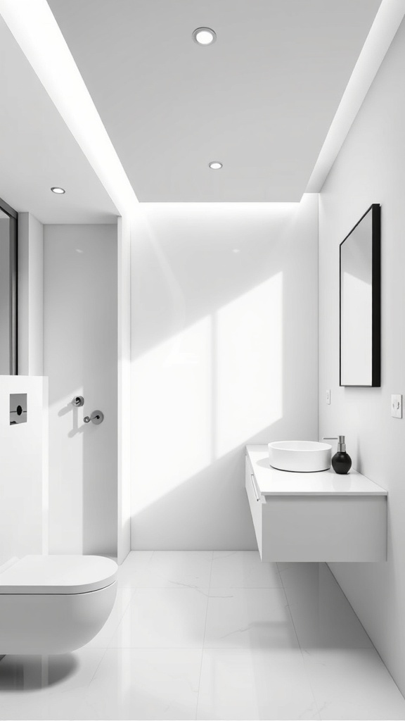 A modern minimalist bathroom featuring white walls, a floating vanity, and natural light.