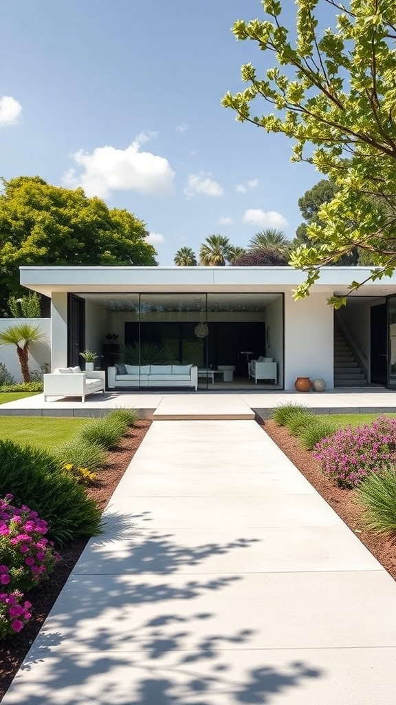 A modern minimalist summer house with large glass windows, surrounded by vibrant flowers and greenery.