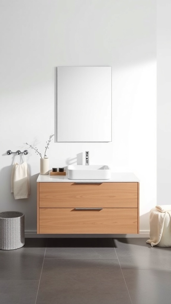 A modern minimalist bathroom vanity with light wood finish, white countertop, and simple mirror.