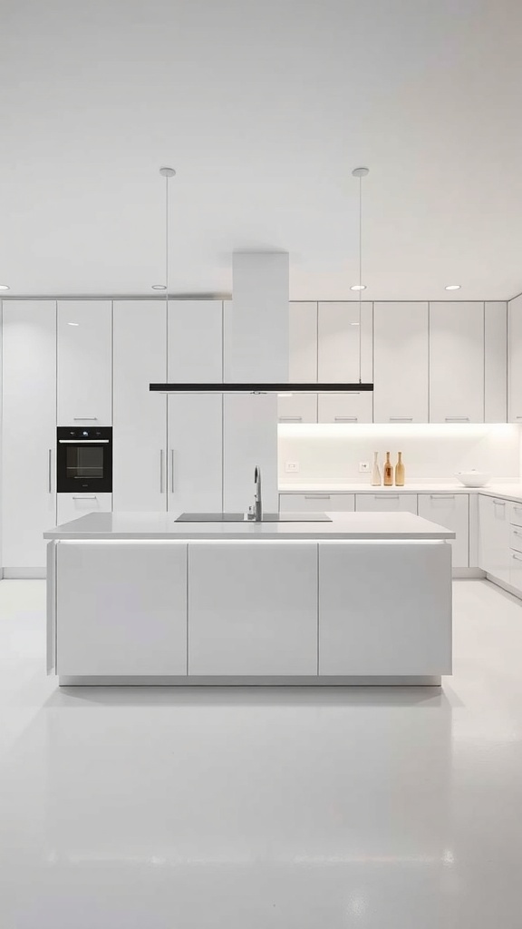 A modern minimalist kitchen island in a sleek white kitchen