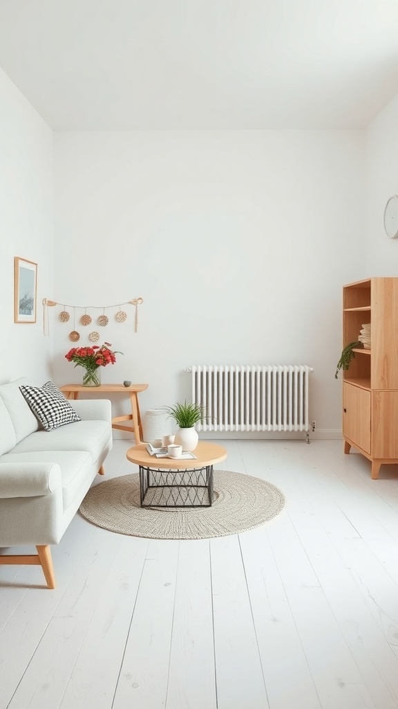 A modern Scandinavian living room featuring a light-colored sofa, round coffee table, and wooden accents.