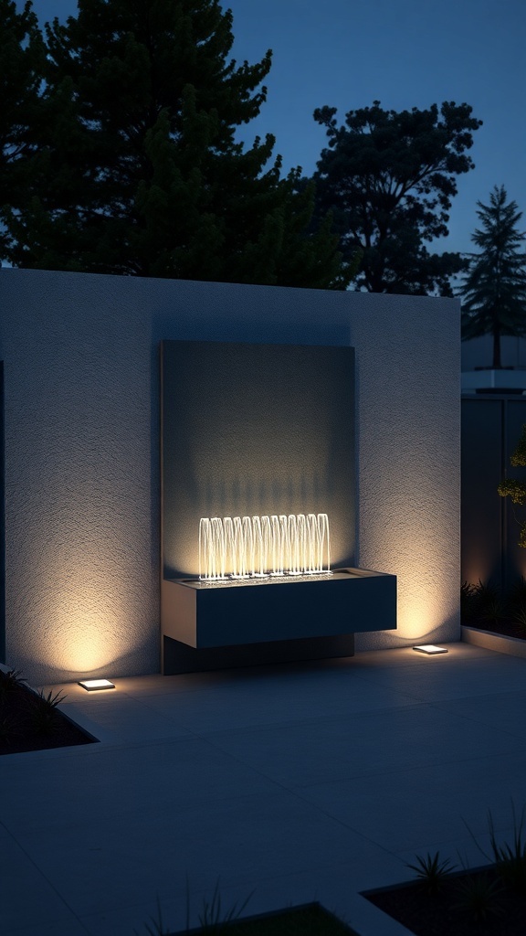 A modern wall-mounted fountain with illuminated water jets at night.