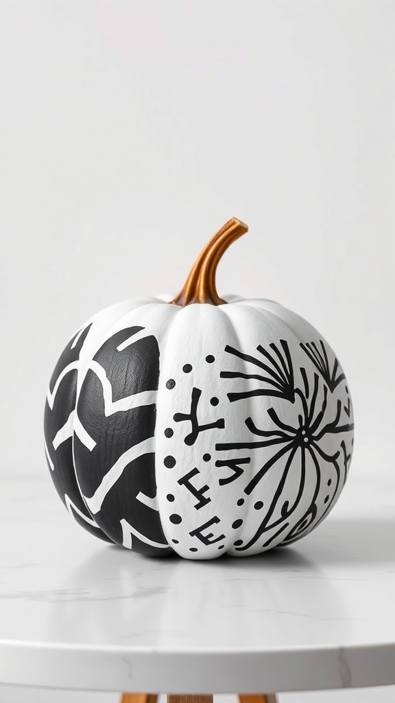 A black and white painted pumpkin with abstract designs.