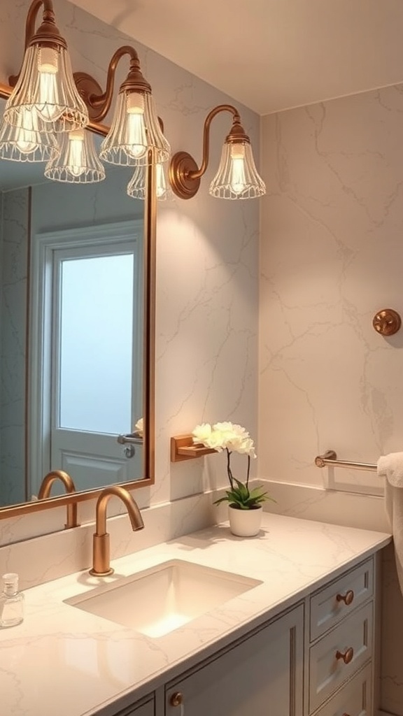 A stylish bathroom lighting fixture with multiple glass shades and a warm glow.