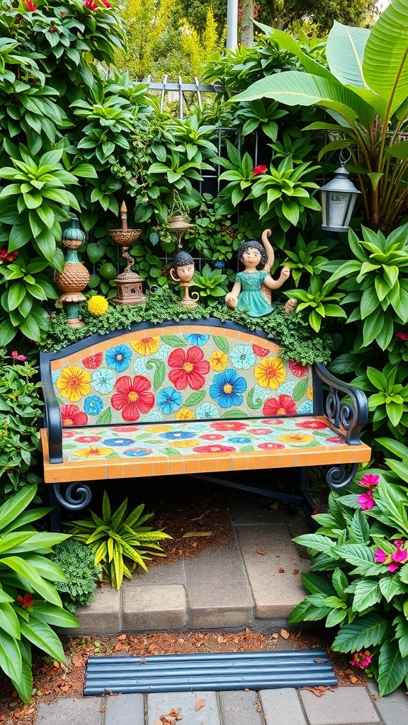 A colorful mosaic tile bench surrounded by lush green plants and decorative figures.