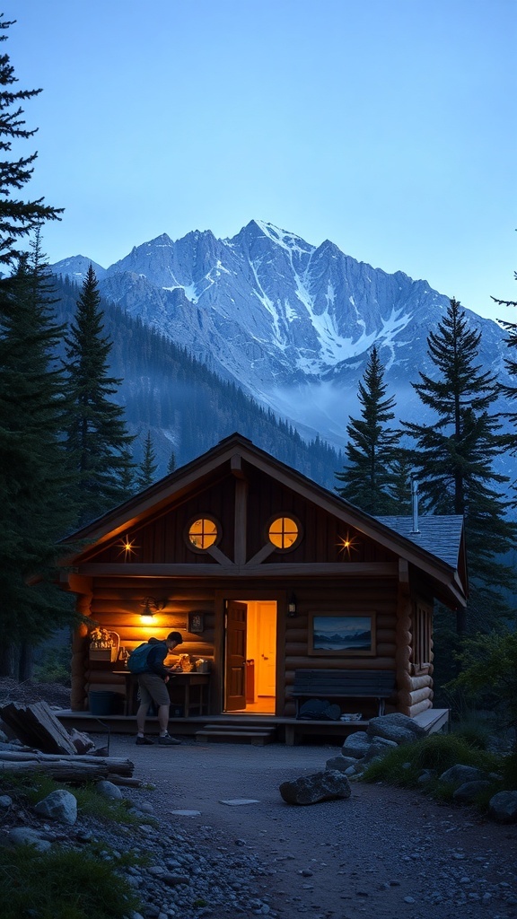 A cozy cabin in the mountains at dusk, surrounded by trees and snow-capped peaks.