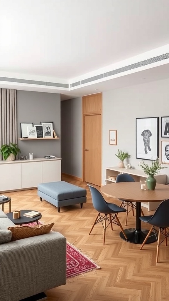 Interior view of a living room and dining room combo with modern furniture.
