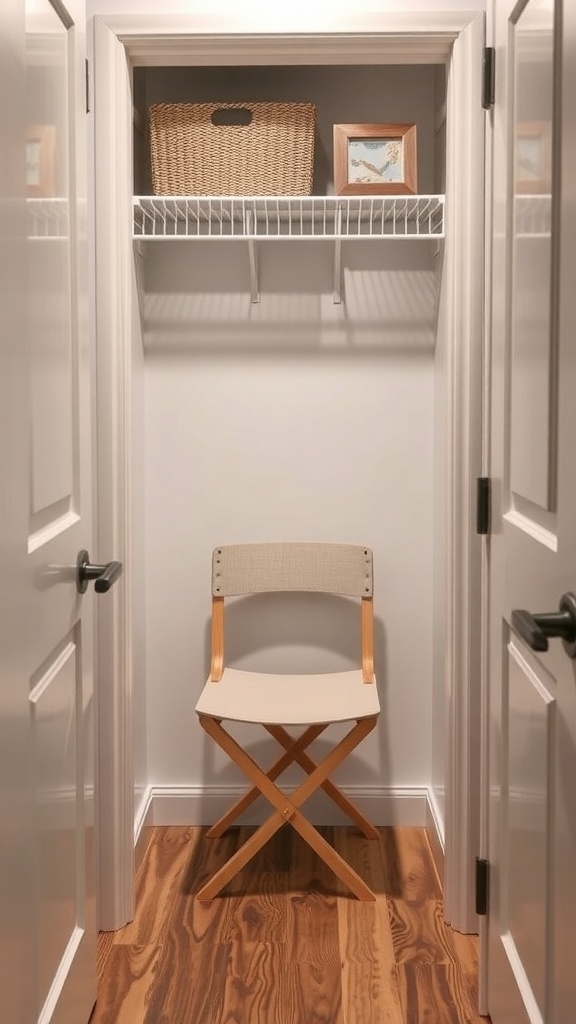 A small closet with a folding chair and a shelf above with a basket and a picture frame.