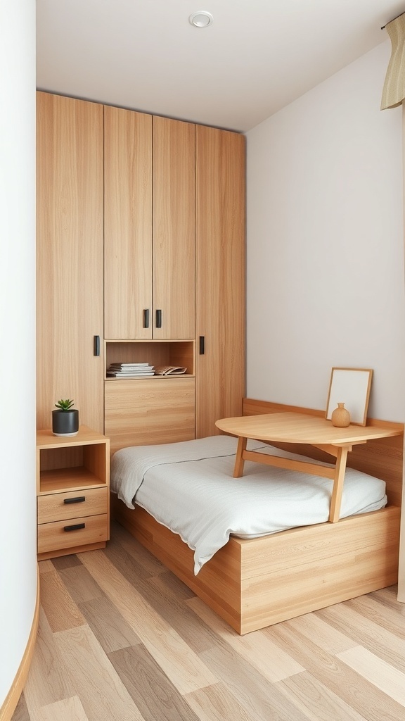 A small bedroom featuring multi-functional furniture with a built-in table and storage cabinets.