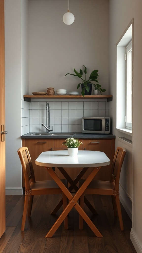 A small kitchen featuring a compact table and two chairs, with wooden accents and open shelving.