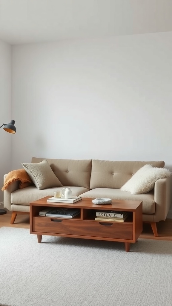 Cozy small room with a beige sofa and a wooden coffee table featuring storage.