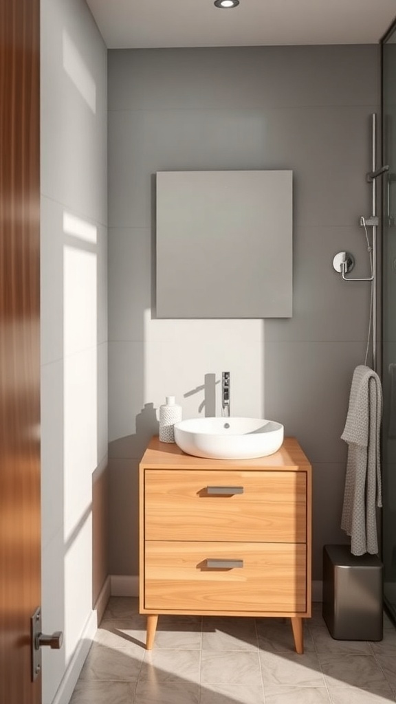 A modern tiny bathroom with a wooden vanity and round sink.