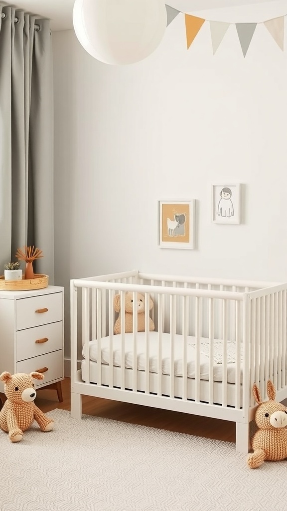 A cozy nursery corner featuring a crib, storage unit, and stuffed animals.