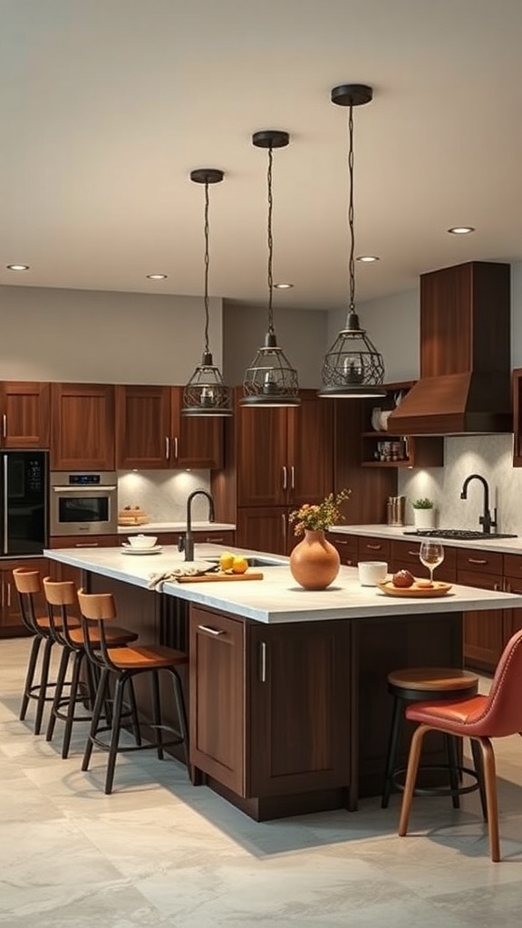 A modern kitchen featuring a multi-functional island with bar stools, stylish pendant lighting, and warm wood cabinetry.