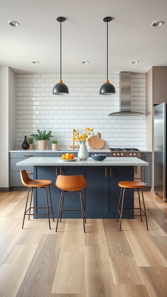 A modern kitchen island with seating, featuring a gray countertop and blue cabinetry.