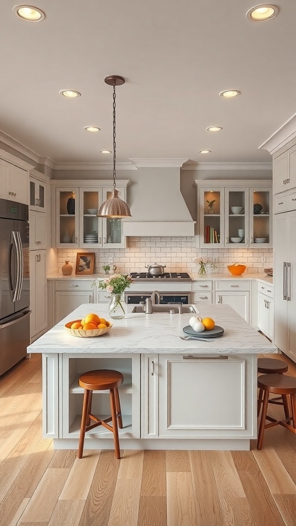 A modern kitchen with a multi-functional island featuring a marble countertop, fruit bowl, and seating.