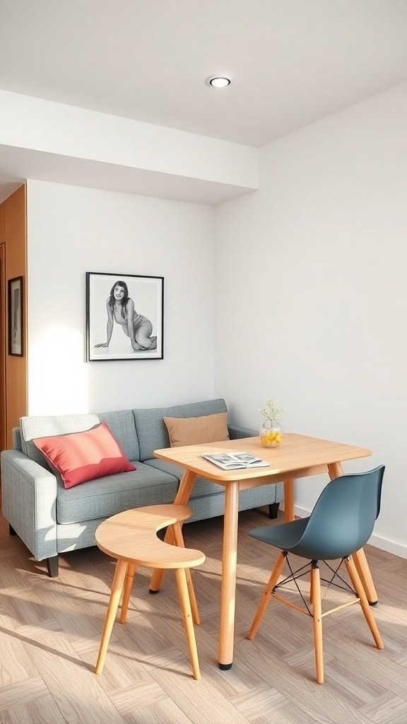 A cozy studio apartment featuring a sofa, a dining table, and unique seating options.