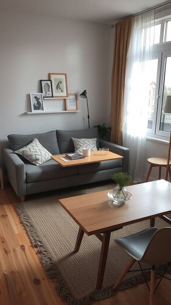Cozy small living room with a gray sofa, wooden table, and minimal decor.