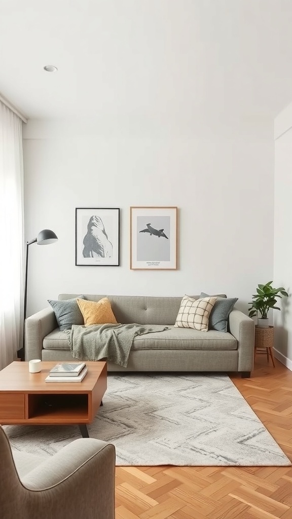 Cozy small apartment living area with a multipurpose sofa, coffee table, and decorative elements.