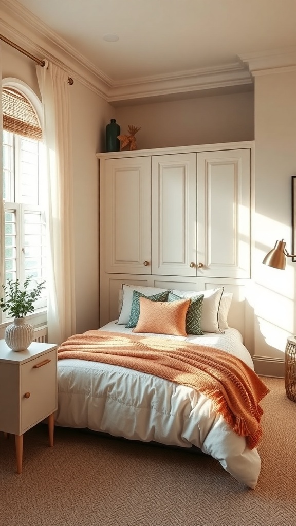 Cozy guest room with a Murphy bed, featuring a warm orange throw and natural light.