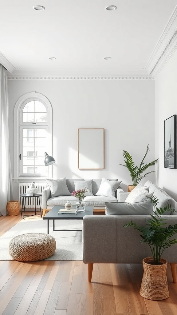 A cozy Scandinavian living room featuring muted colors and natural elements.