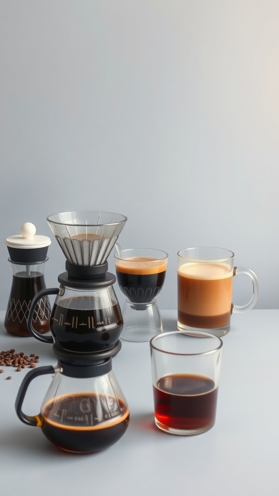 Variados métodos de preparación de café en casa, incluyendo cafetera de goteo, Chemex y diferentes tazas de café.