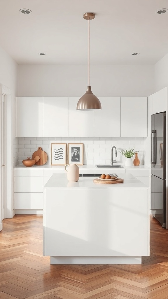 A modern small kitchen with a narrow white island and stylish decor.