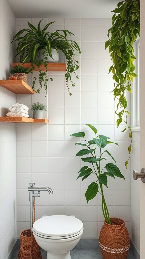 A bright bathroom featuring white tiles, wooden shelves with plants, and a clean toilet.