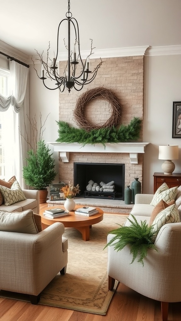 Cozy winter living room with natural elements, including greenery and a wreath above the fireplace.