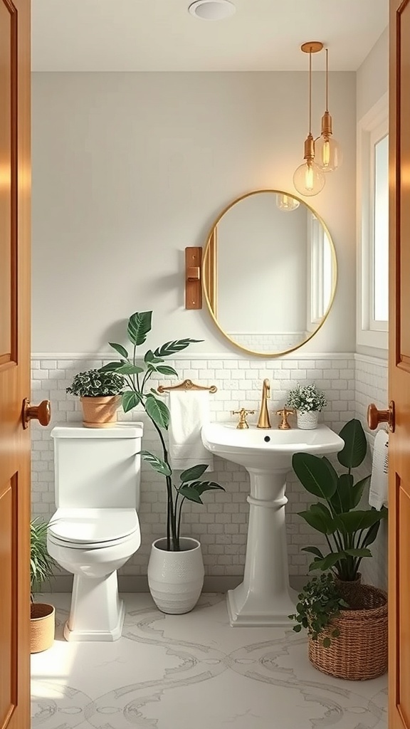 A stylish powder room featuring plants, a round mirror, and warm lighting.