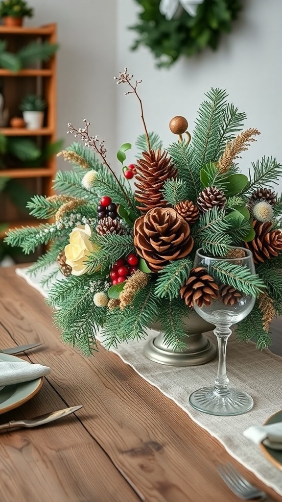 A beautiful winter centerpiece featuring pinecones, evergreen branches, and colorful accents.