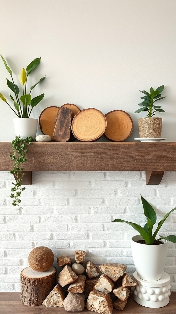 A mantel decorated with wooden slices, potted plants, and stones, showcasing natural elements for summer decor.