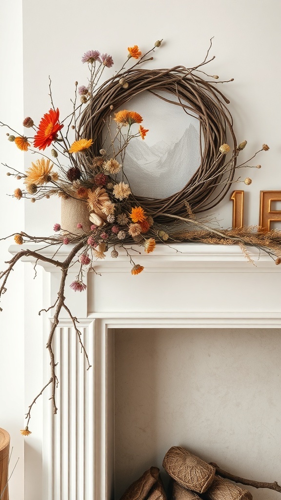A fall mantel decorated with a twig wreath and dried flowers, showcasing warm colors and natural elements.